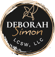 A circular logo with "Deborah Simon, LCSW, LLC" text and a stylized bird drawing on a black background with a gold border.